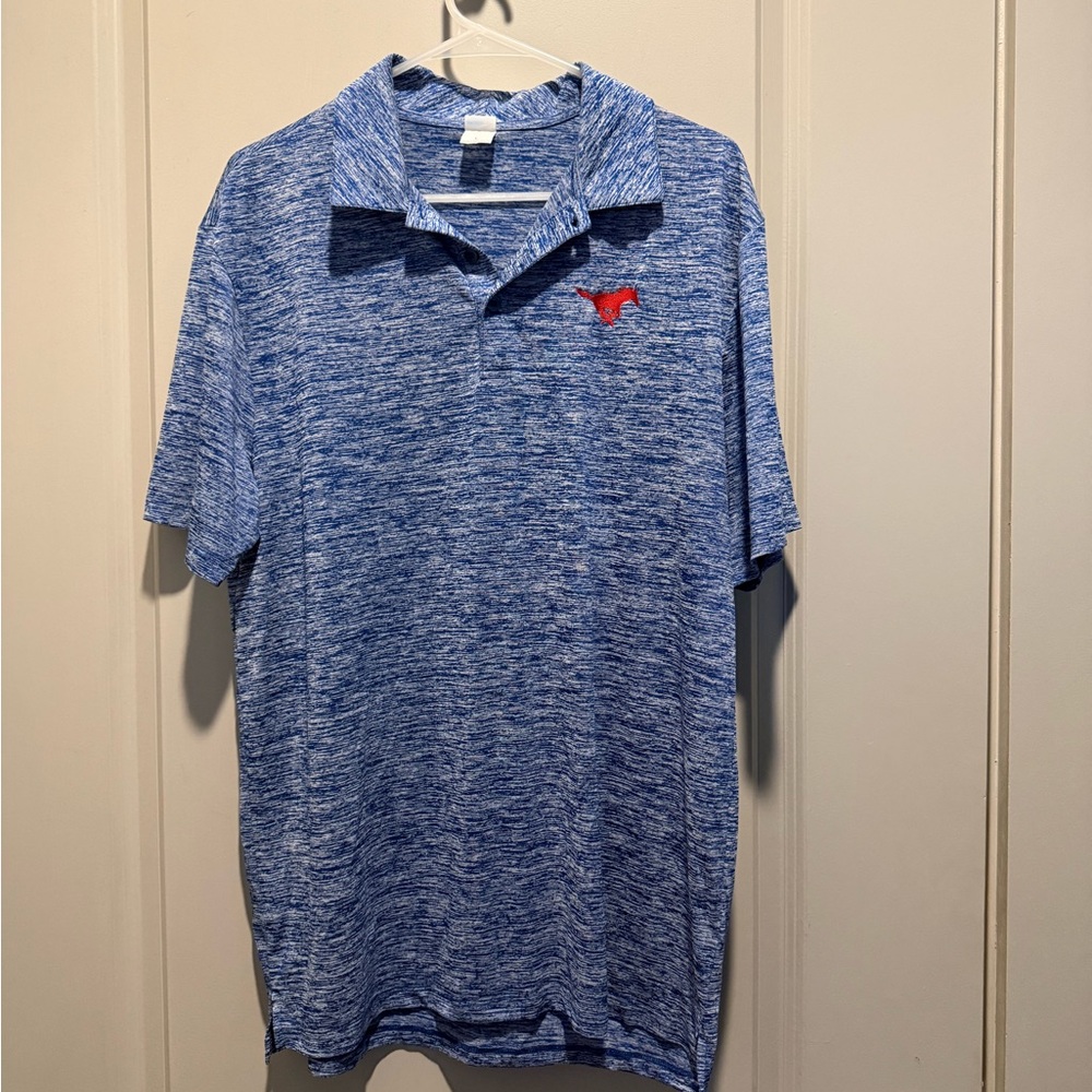 Blue Polo Shirt with Red Logo